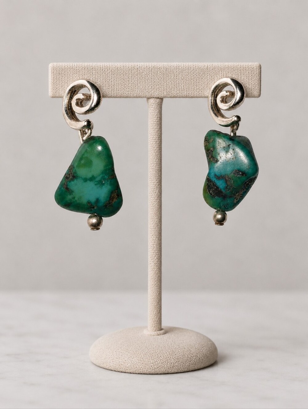 Vintage .925 Sterling Silver Raw Turquoise Nugget Dangle Earrings Scroll Design